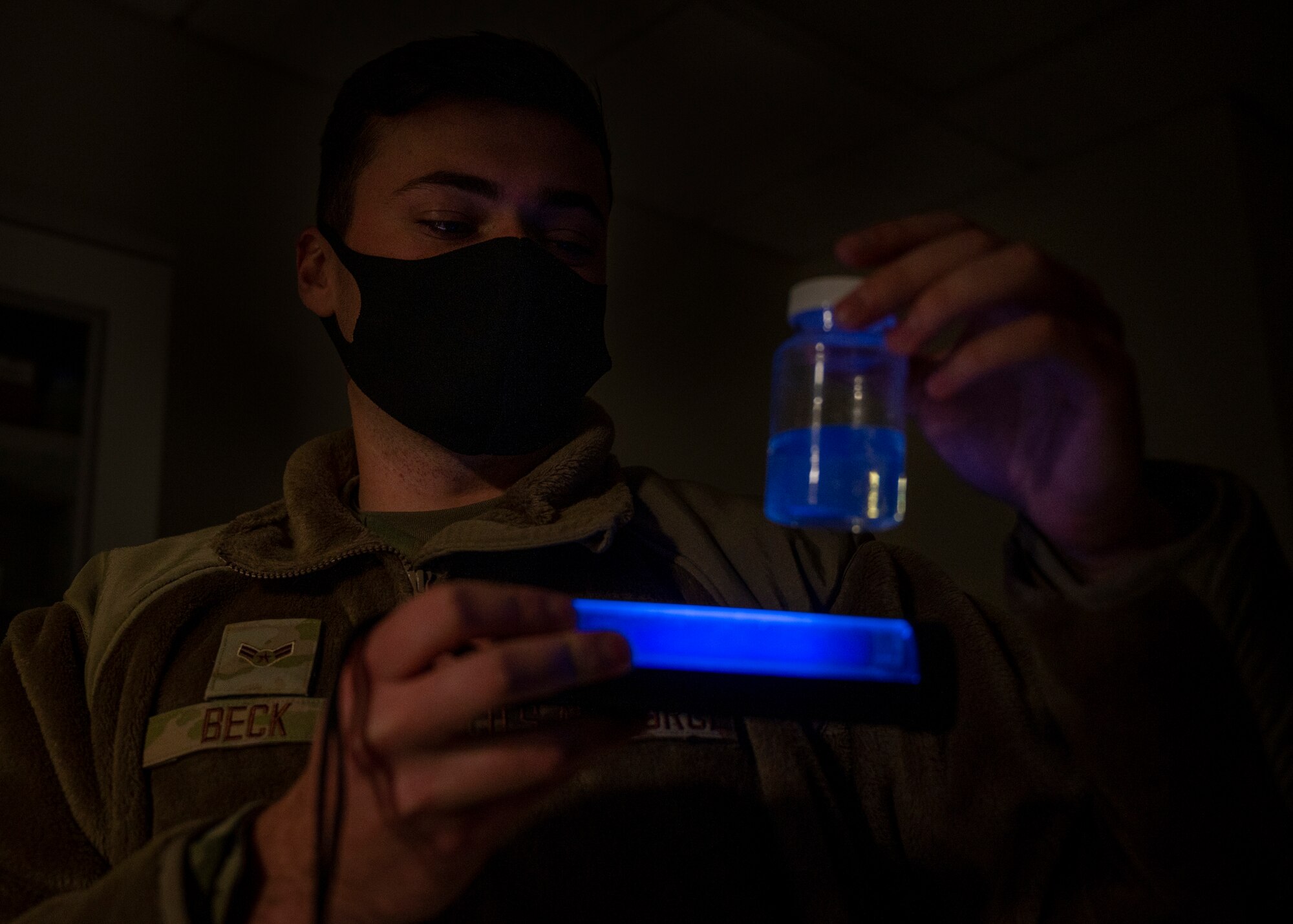 Airman 1st Class Justin Beck, 4th Operational Medical Readiness Squadron bioenvironmental engineering technician, checks water samples at Seymour Johnson Air Force Base, North Carolina, Dec. 14, 2021.