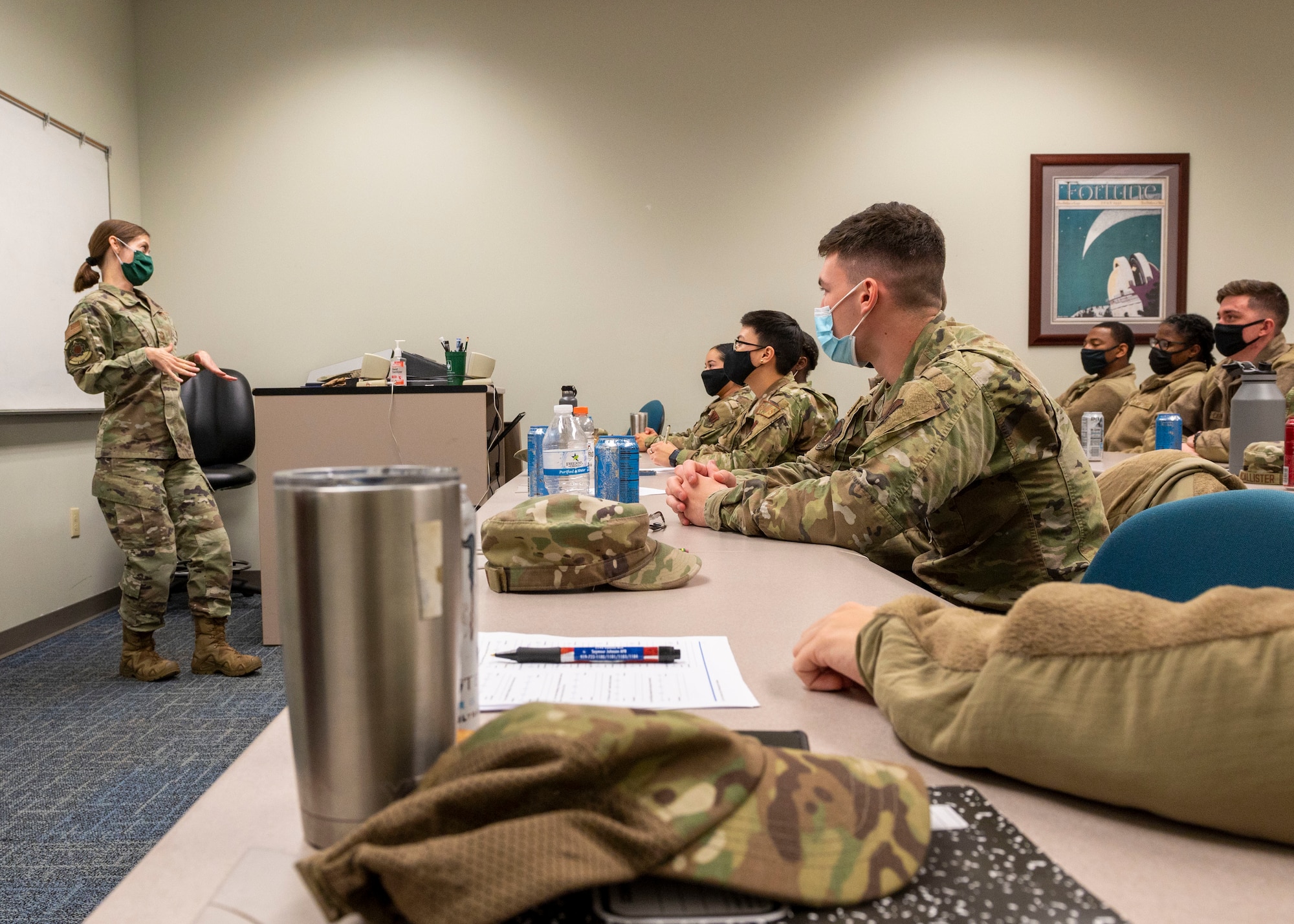 Chief Master Sgt. Sarah Sipe, 4th Component Maintenance Squadron, briefs first-term airmen at Seymour Johnson Air Force Base, North Carolina, Dec. 14, 2021.