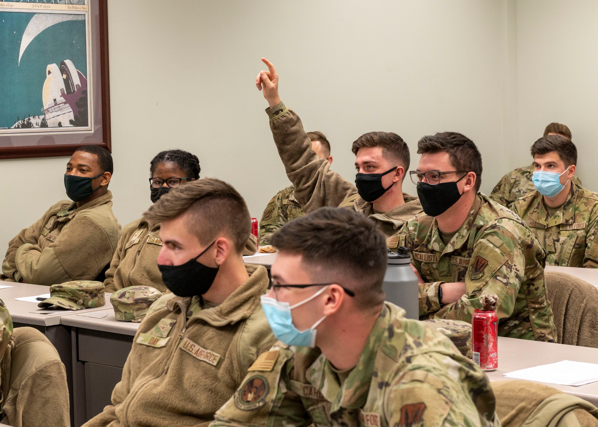 First term airmen ask questions during a brief at Seymour Johnson Air Force Base, North Carolina, Dec. 14, 2021.