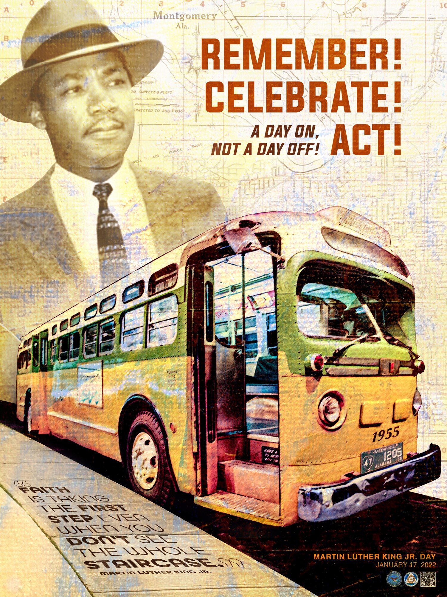 Poster depicting Martin Luther King Jr, a bus and sidewalk
