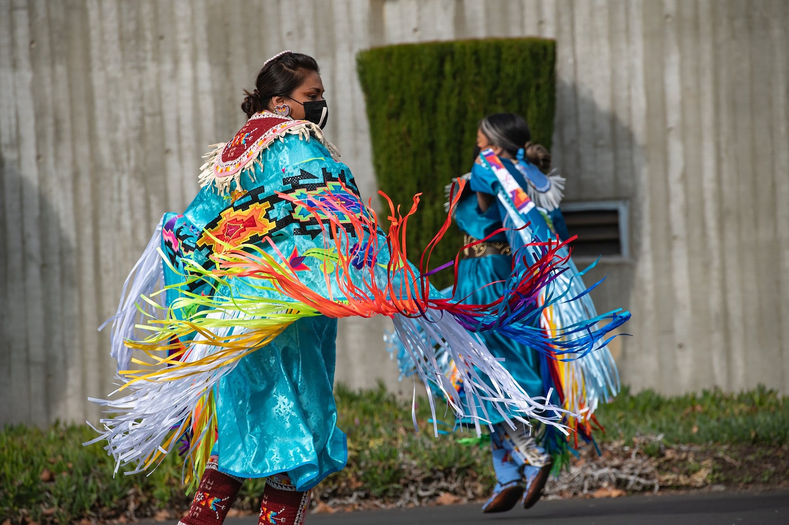 Members of the American Indian Alliance perform Native American singing and dancing at Coast Guard Base Alameda during National Native American Heritage Month.