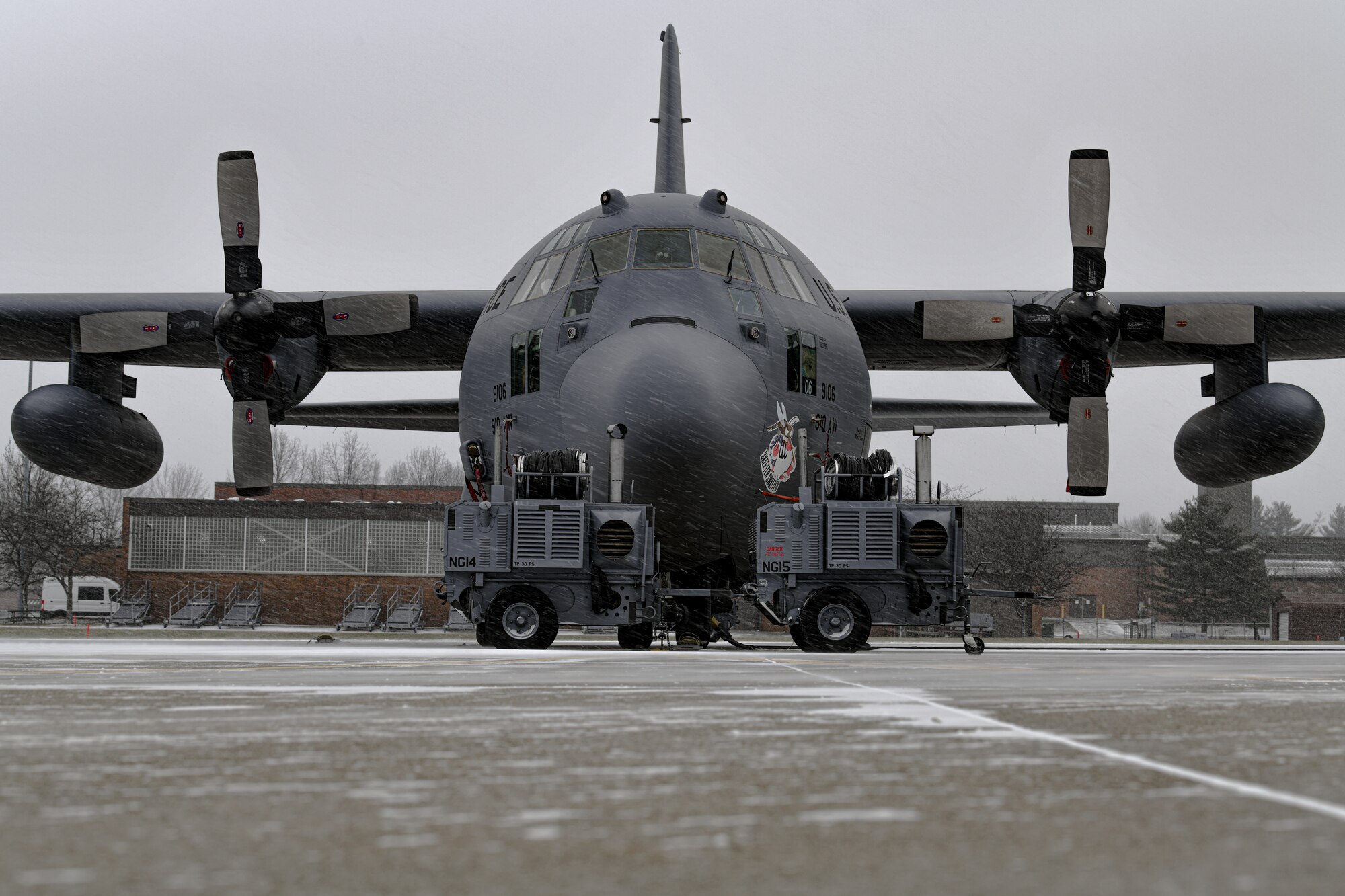 A C-130H Hercules aircraft assigned to the 757th Airlift Squadron remains ready for flight on Jan. 7, 2022, on the flightline at Youngstown Air Reserve Station.