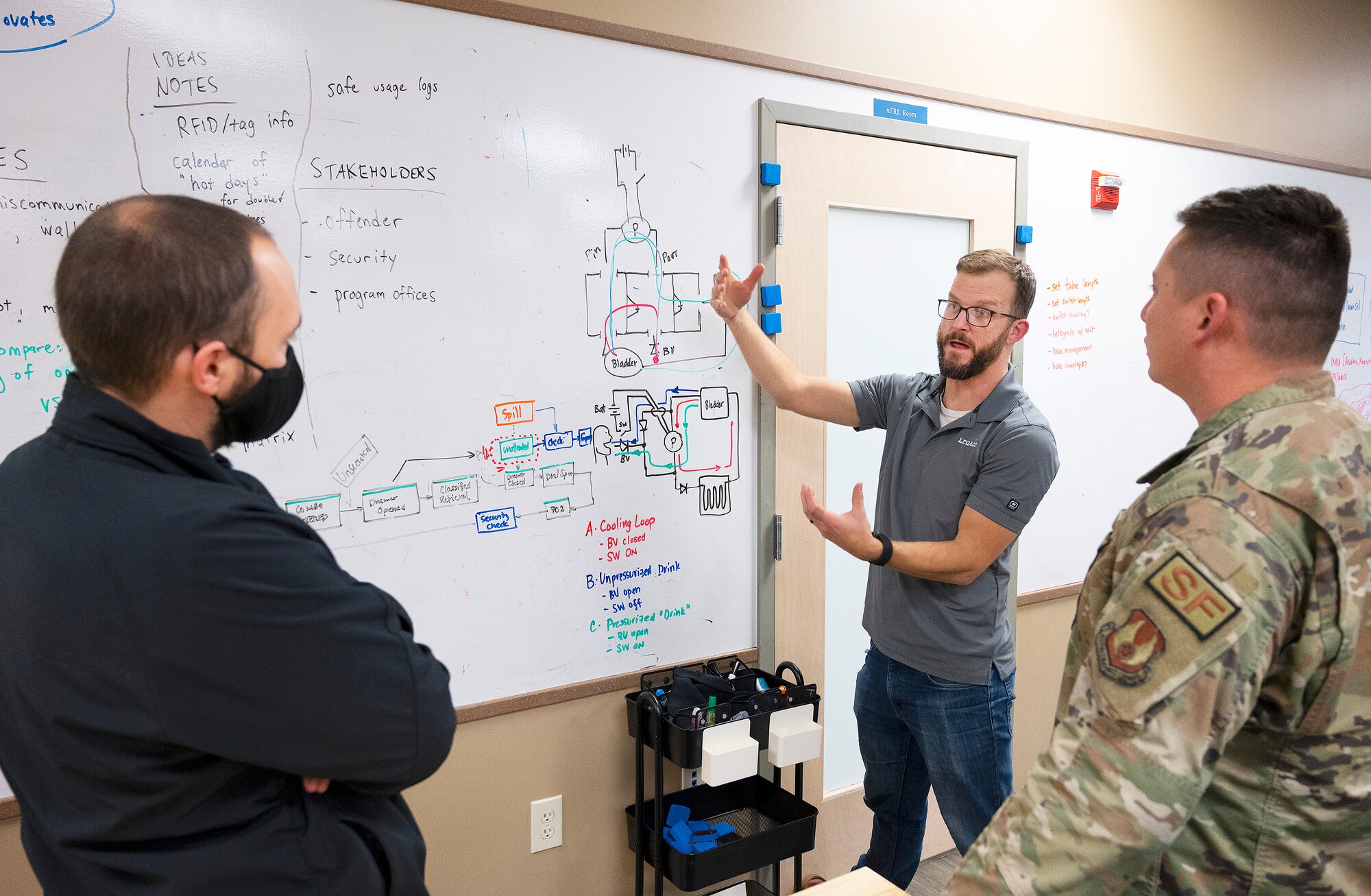 Joe Althaus (center), the Wright Brothers Institute’s Rapid Innovation Program manager; Mike Moulton, Air Force Research Laboratory; and 1st Lt. Justin O’Brien, 88th Security Forces Squadron; consult a diagram of the liquid-cooled plate carrier as they work on building a prototype Dec. 1, 2021, at the institute’s facility in Riverside, Ohio. O’Brien designed the system as a way to reduce heat-related incidents in the military. (U.S. Air Force photo by R.J. Oriez)