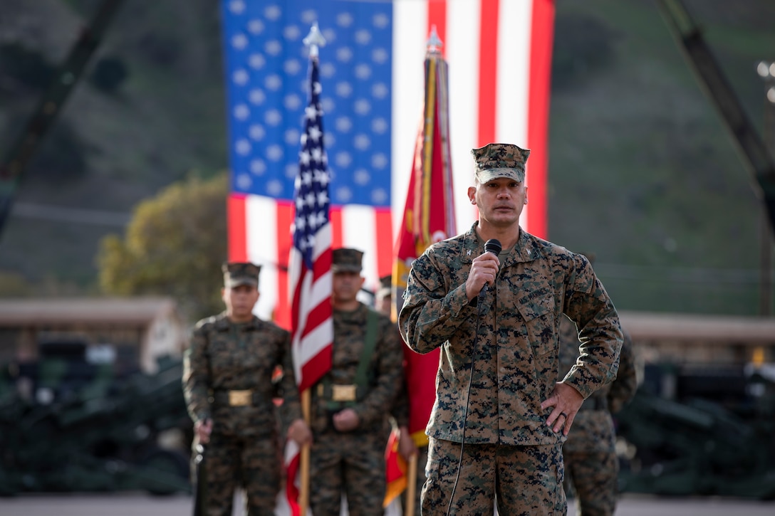 U.S. Marines with 11th Marine Regiment, 1st Marine Division, stand in formation prior to a battle colors ceremony at Marine Corps Base Camp Pendleton, California, Jan. 12, 2022. Veterans and active duty Marines and Sailors attended the annual ceremony to pay tribute to the Marines that have served with the regiment. (U.S. Marine Corps photo by Sgt. Hannah Hall)