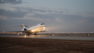 A U.S. Air Force E-11A Battlefield Airborne Communications Node (BACN) takes off from Prince Sultan Air Base, Kingdom of Saudi Arabia, Jan. 4, 2022, to fly and train with U.S. Marine Corps F/A-18 Hornets and a variety of additional aircraft from across the region. The E-11A is a communication relay and gateway system that provides commanders with versatile means of exchanging information across multiple air, ground and maritime sources, to include host nation, joint and coalition forces. (U.S. Air Force photo by Senior Airman Jacob B. Wrightsman)