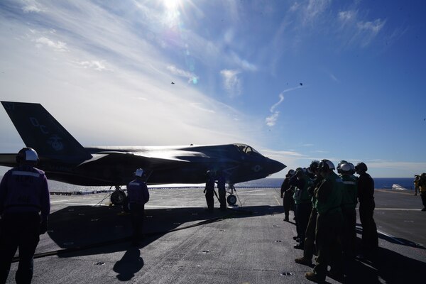An F-35B Lightning II attached to Marine Fighter Attack Squadron (VMFA) 122 on the flight deck of amphibious assault ship USS Tripoli (LHA 7), Jan. 11, 2022.