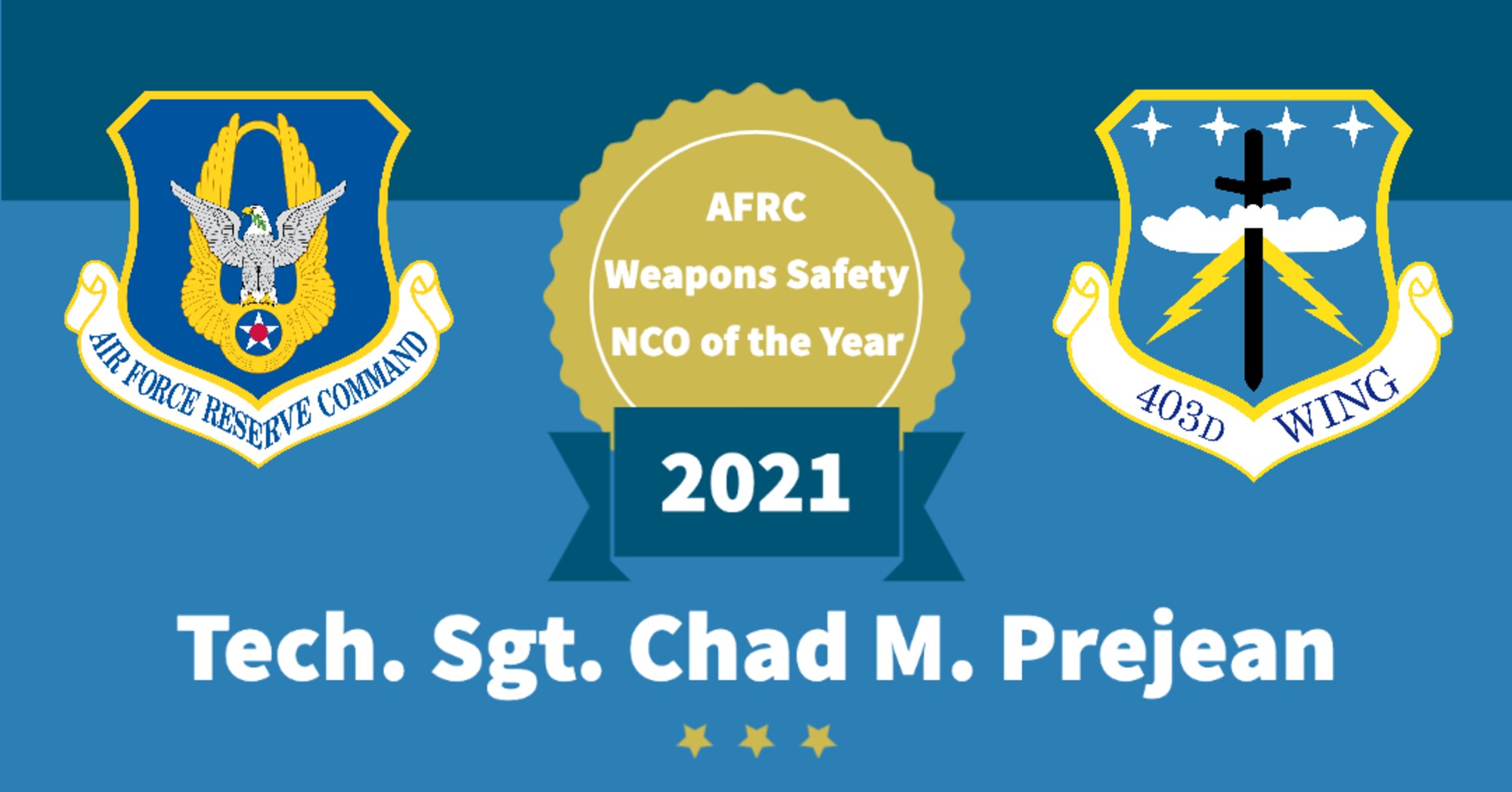 Air Force Reserve Command logo. 403rd Wing logo. Weapons Safety NCO of the Year. 2021. Tech. Sgt. Chad M. Prejean.