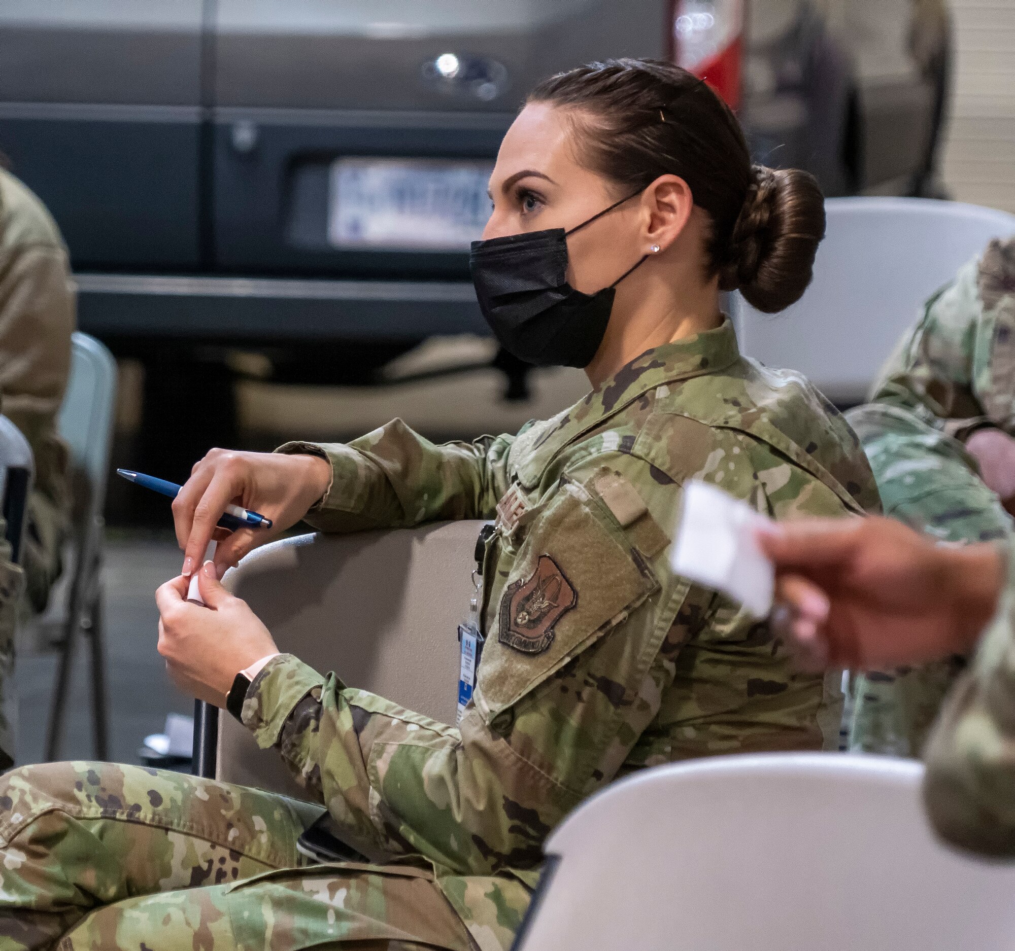 Tech. Sgt. Jamie Debbrecht, a controller at Air Force Mortuary Affairs Operations Command, Control and Communication section, participates in a mental health resiliency session at Dover Air Force Base, Delaware, Jan. 11, 2022. Debbrecht is deployed from the 512th Memorial Affairs Squadron at Dover Air Force Base, Delaware. (U.S. Air Force photo by Jason Minto)