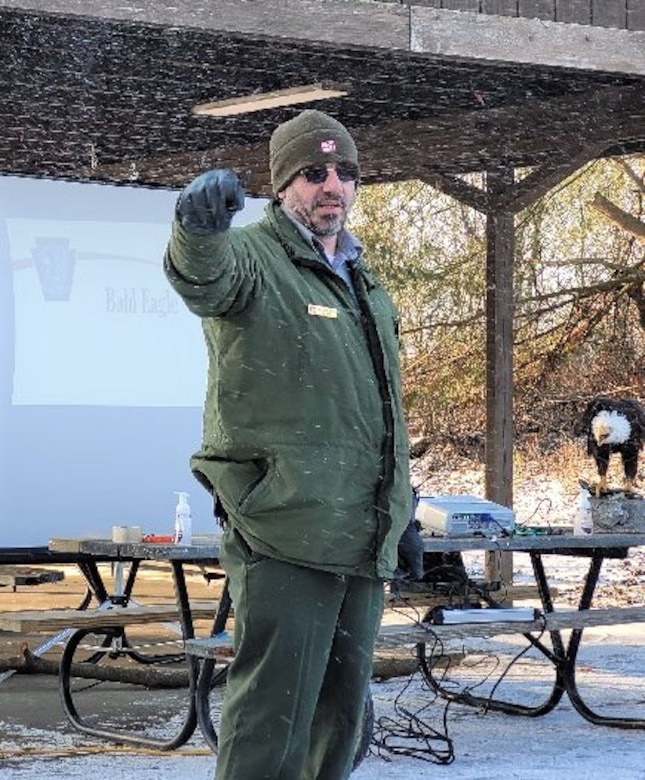 Park Ranger Matt Pook introduces Eagle Fest at Shenango River Lake. Hundreds of people attended the second-annual Eagle Fest on Saturday, Jan. 8, which was hosted by the Shenango River Watchers. The event offered visitors an opportunity to learn more about bald eagles that nest around Shenango River Lake, including the river below the dam and nearby wildlife areas (U.S. Army photo by staff).