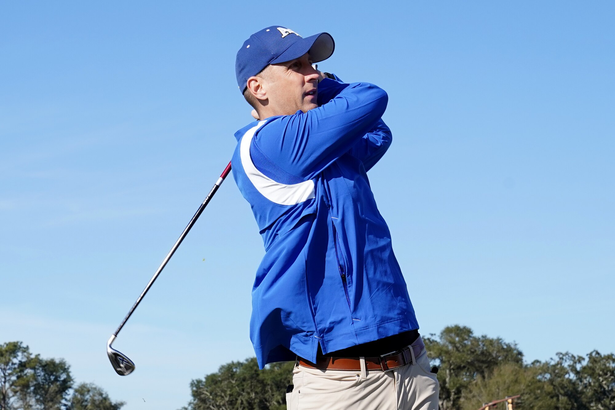 U.S. Air Force Col. Ryan Crowley, 81st Mission Support Group commander, chips in the Combined Federal Campaign Closeout Golf Scramble at the Bay Breeze Golf Course on Keesler Air Force Base, Mississippi, Jan. 14, 2021. Keesler held a closeout golf scramble for golf enthusiasts on base and in the community to raise money and celebrate the campaign. (U.S. Air Force photo by Senior Airman Seth Haddix)