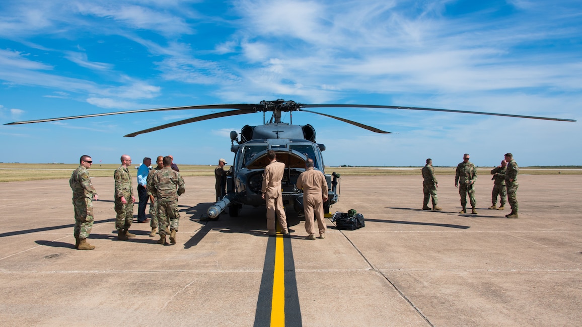 An HH-60 Pave Hawk from Kirtland Air Force Base, New Mexico, sits on a ramp at Sheppard AFB, Texas, Sept. 27, 2021. The arrival of the retired aircraft has been 30 years in the making as a request was submitted in April 1991 to have the HH-60 brought to Sheppard to be used as a ground instructional training aircraft for 363rd Training Squadron armament and munitions Airmen in Training. The aircraft could also be used by other technical training programs here. (U.S. Air Force photo by 2nd Lt. Logan Thomas)