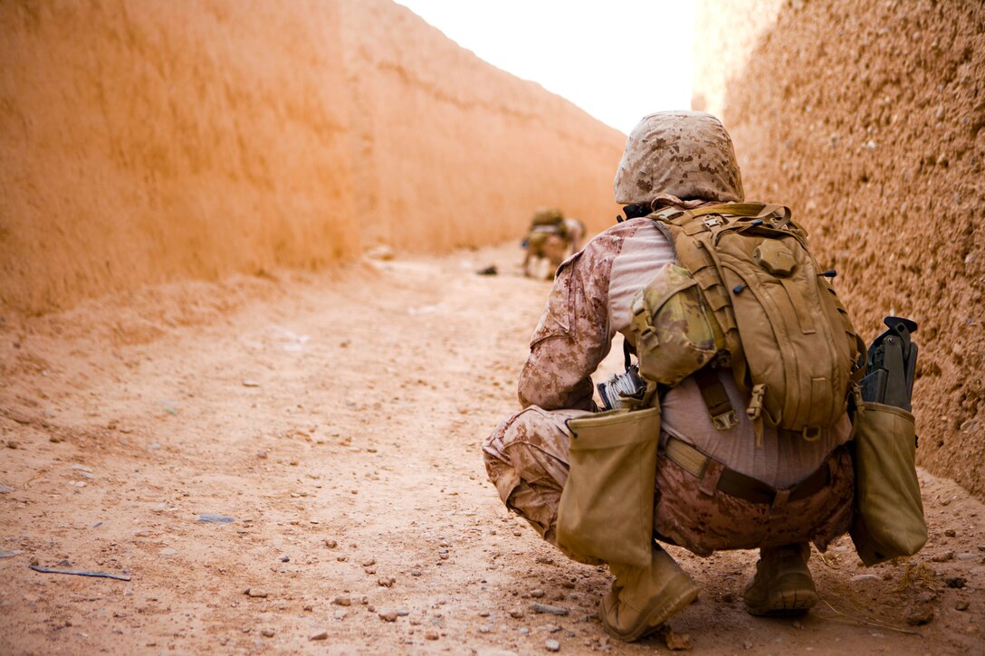 A Marine squatting in a dirt trench, facing away from the camera.