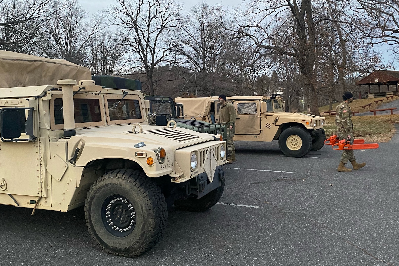 Virginia National Guard Soldiers stage vehicles for possible winter storm response operations Jan. 15, 2022, in Staunton, Virginia.