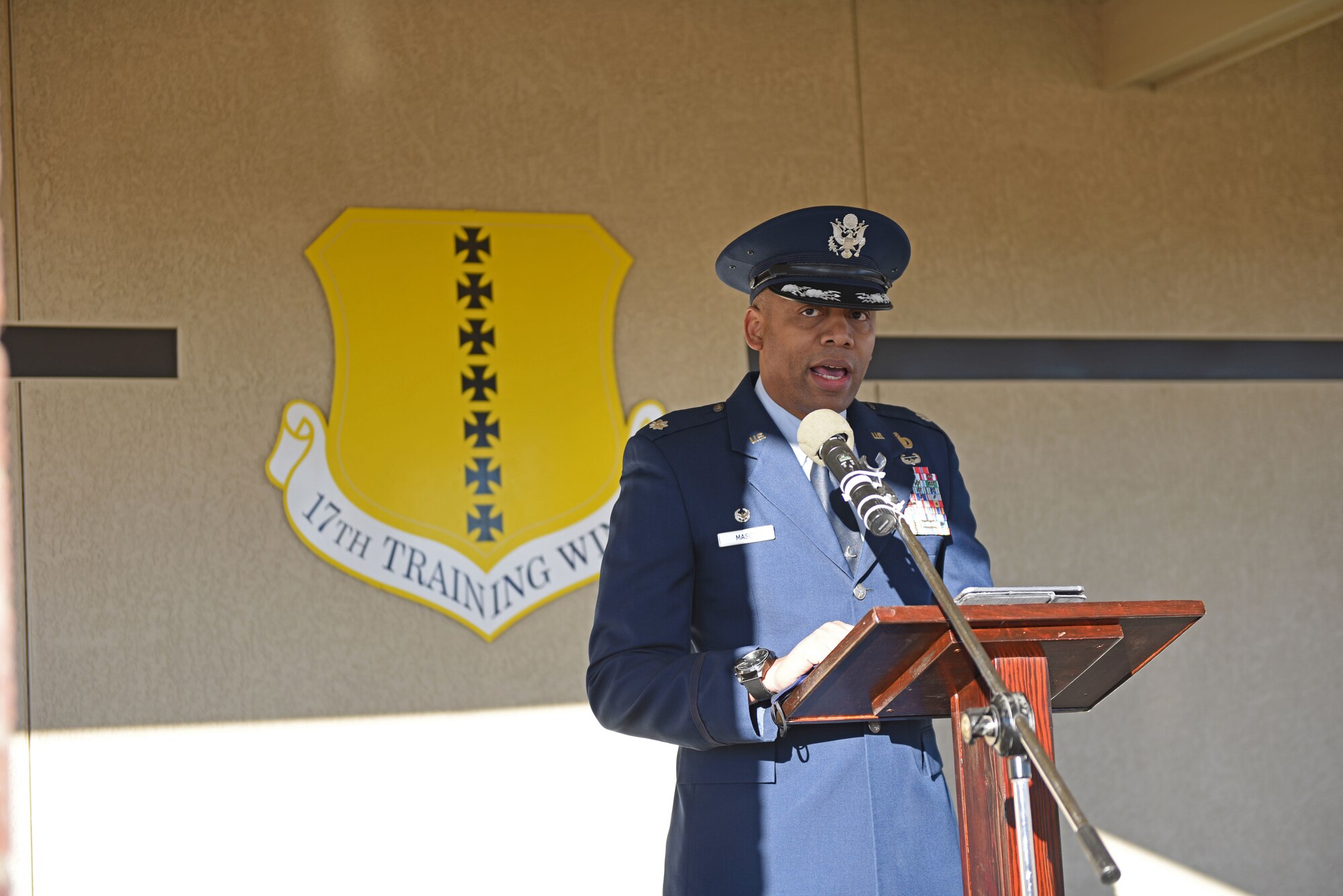 U.S. Air Force Lt. Col. Erwin Mason, 316th Training Squadron commander, speaks at the Parade Field, on Goodfellow Air Force Base, Texas, January 17, 2022. Goodfellow leaders gathered to remember the achievements made by Dr. Martin Luther King Jr. (U.S. Air Force photo by Airman 1st Class Sarah Williams)