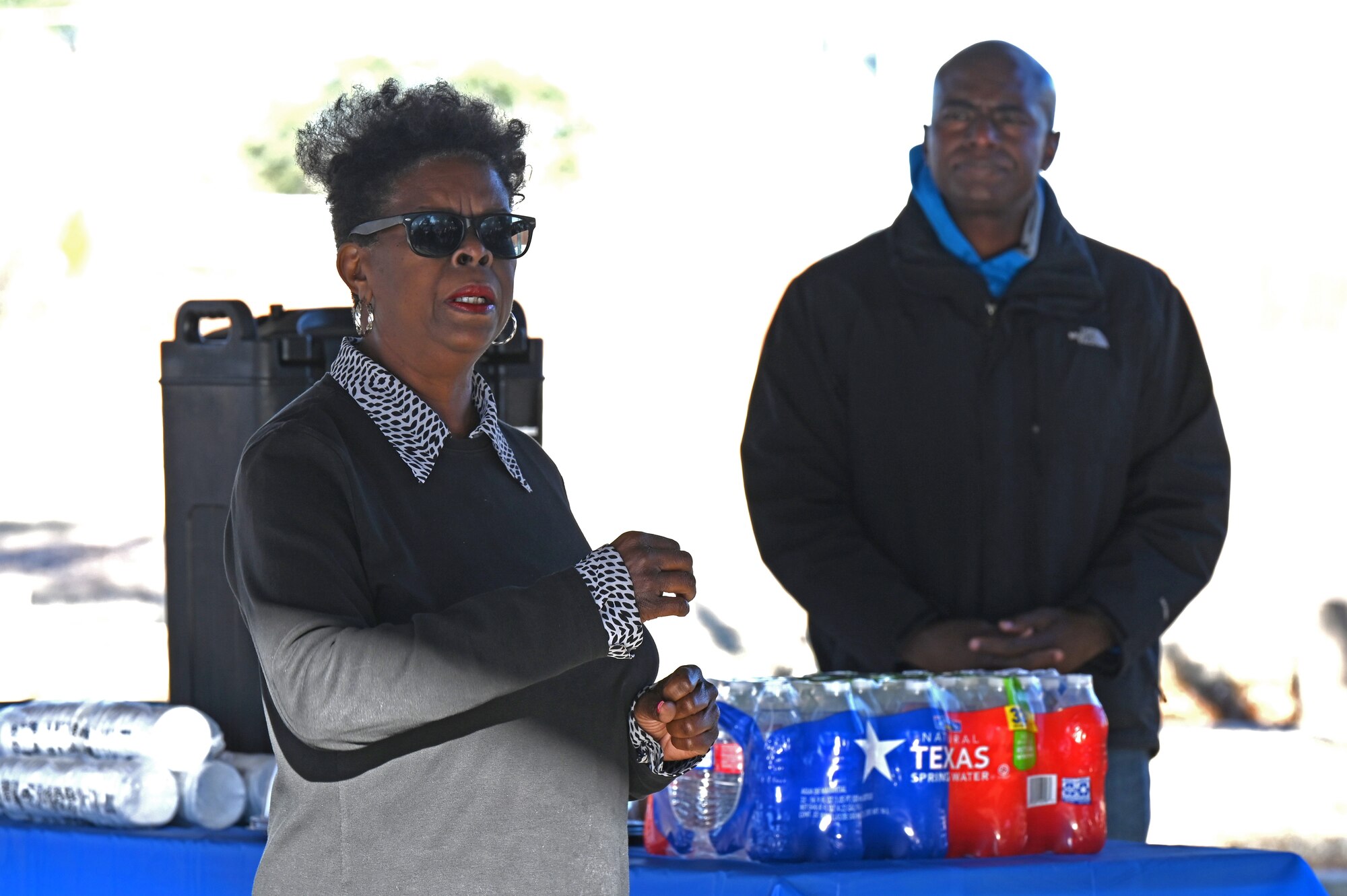 Shirley Spears, National Association for the Advancement of Colored People Unit 6219 President, speaks at the Martin Luther King Memorial Park in San Angelo, Texas, January 17, 2022. Spears spoke about the importance of Dr. Martin Luther King Jr.’s work and how his achievements impact us today. (U.S. Air Force photo by Senior Airman Ashley Thrash)