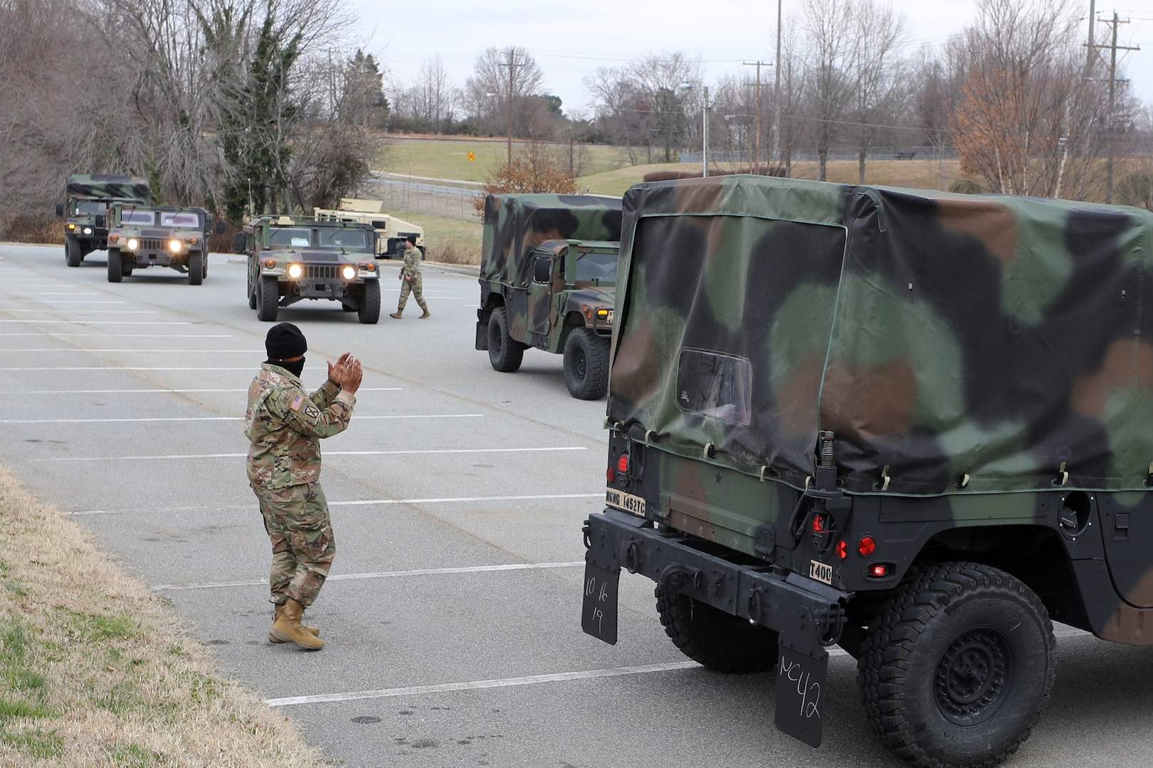 Soldiers of the North Carolina National Guard's 113th Sustainment Brigade deploy to the NCNG Readiness Center in Greensboro for Winter Storm Izzy Jan. 15, 2022. About 40 Soldiers were assigned to All Hazard Response Teams and other force packages to support local authorities’ response to a significant incoming winter storm in the region.