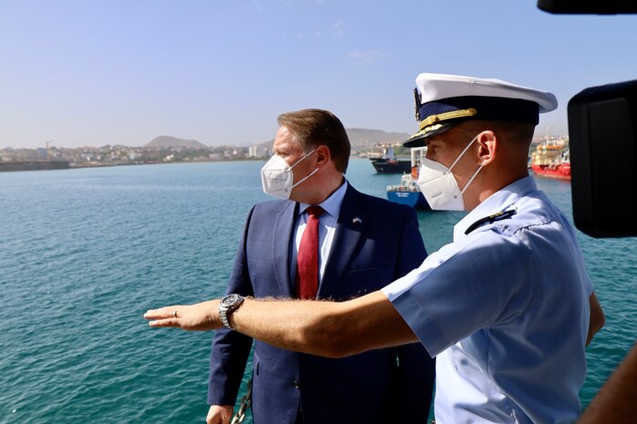 United States Ambassador to Cabo Verde, Jeff Daigle visited USCGC Thetis (WMEC 910) while the ship was conducting a port visit January 13-15, 2022. The U.S. Coast Guard is conducted a routine deployment in the U.S. Sixth Fleet area of operations, working alongside Allies, building maritime domain awareness, and sharing best practices with partner nation navies and coast guards.