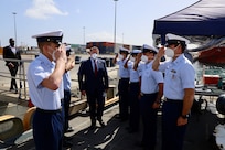 United States Ambassador to Cabo Verde, Jeff Daigle visited USCGC Thetis (WMEC 910) while the ship was conducting a port visit January 13-15, 2022. The U.S. Coast Guard is conducted a routine deployment in the U.S. Sixth Fleet area of operations, working alongside Allies, building maritime domain awareness, and sharing best practices with partner nation navies and coast guards.