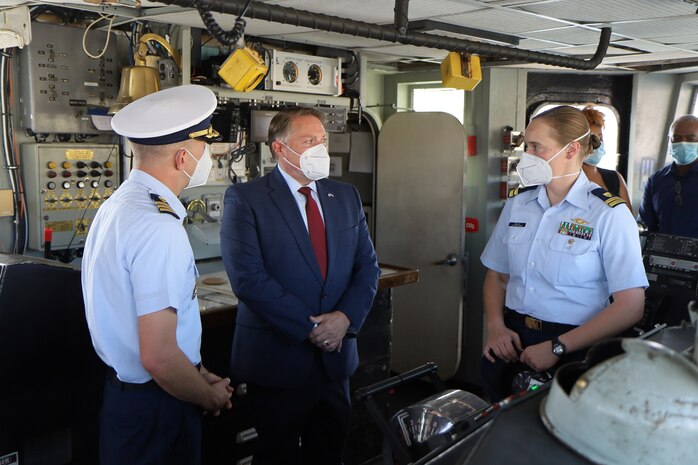 United States Ambassador to Cabo Verde, Jeff Daigle visited USCGC Thetis (WMEC 910) while the ship was conducting a port visit January 13-15, 2022. The U.S. Coast Guard is conducted a routine deployment in the U.S. Sixth Fleet area of operations, working alongside Allies, building maritime domain awareness, and sharing best practices with partner nation navies and coast guards.