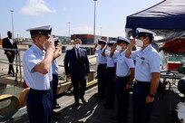 The crew from USCGC Thetis (WMEC 910) welcomed United States Ambassador to Cabo Verde Jeff Daigle aboard to meet with leadership and tour the ship January 14, 2022. The U.S. Coast Guard is conducted a routine deployment in the U.S. Sixth Fleet area of operations, working alongside Allies, building maritime domain awareness, and sharing best practices with partner nation navies and coast guards.