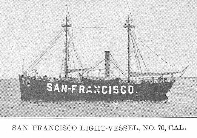 Vintage black and white image of Lightship 70 marking the entrance to San Francisco Bay. (U.S. Lighthouse Service)