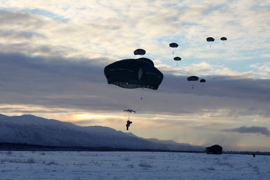 U.S. and Hungarian troops free falls onto a snowy field with mountains in the background.