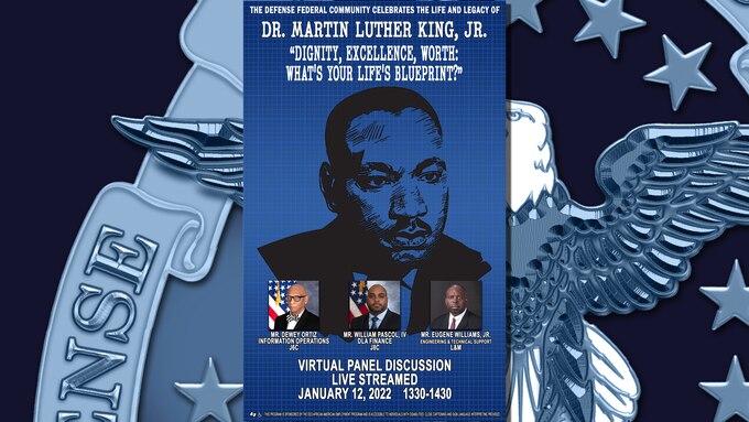 Portrait of Dr. Martin Luther King on a blue background with portraits of three men below.