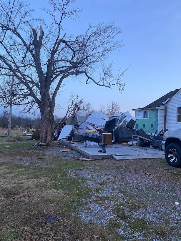 Pfc. Cody Warmath's family's home in Benton Ky., suffered severe damage during the the tornado that hit Dec. 10, 2021 but he still chose to volunteer to be activated with the 2113th Transportation Company out of Paducah, Ky