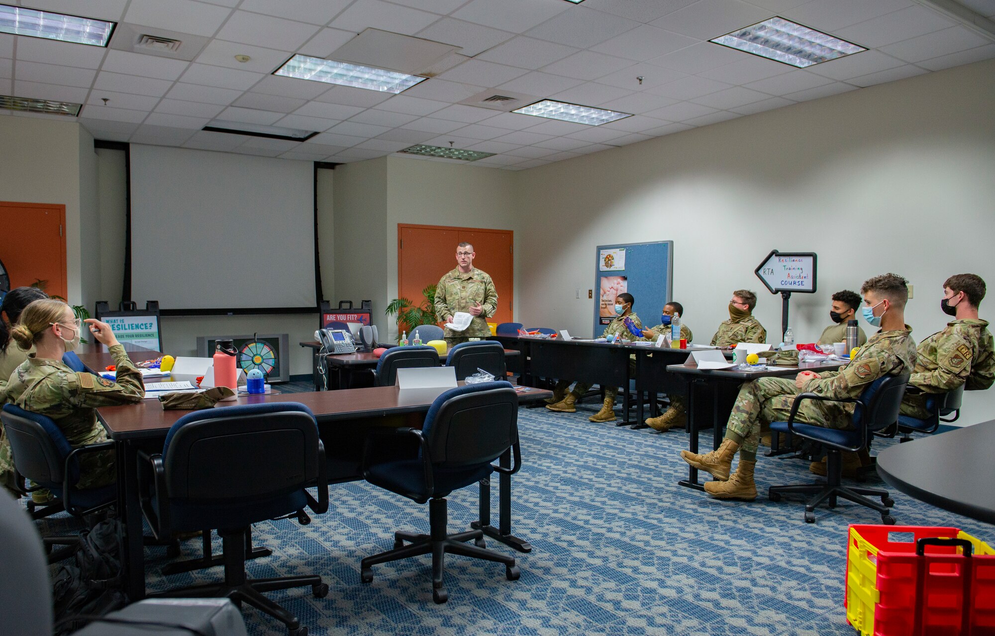 U.S. Air Force Capt. Kevin Malina, a licensed clinical psychologist and a sleep optimization course instructor, teaches First Term Airman’s Center students about healthy sleeping habits Jan. 11, 2022, at Andersen Air Force Base, Guam. The sleep optimization course offers an overview of the biopsychosocial aspects of sleep and understanding of key physical functions that contribute to promotion of healthy sleep patterns. (U.S. Air Force Photo by Senior Airman Helena Owens)