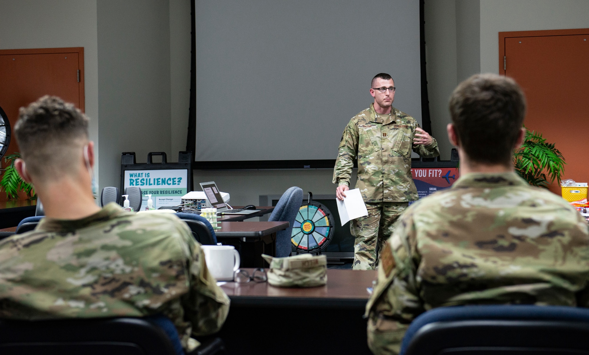 U.S. Air Force Capt. Kevin Malina, a licensed clinical psychologist and a sleep optimization course instructor, teaches First Term Airman’s Center students about healthy sleeping habits Jan. 11, 2022, at Andersen Air Force Base, Guam. The sleep optimization course offers an overview of the biopsychosocial aspects of sleep and understanding of key physical functions that contribute to promotion of healthy sleep patterns. (U.S. Air Force Photo by Senior Airman Helena Owens)
