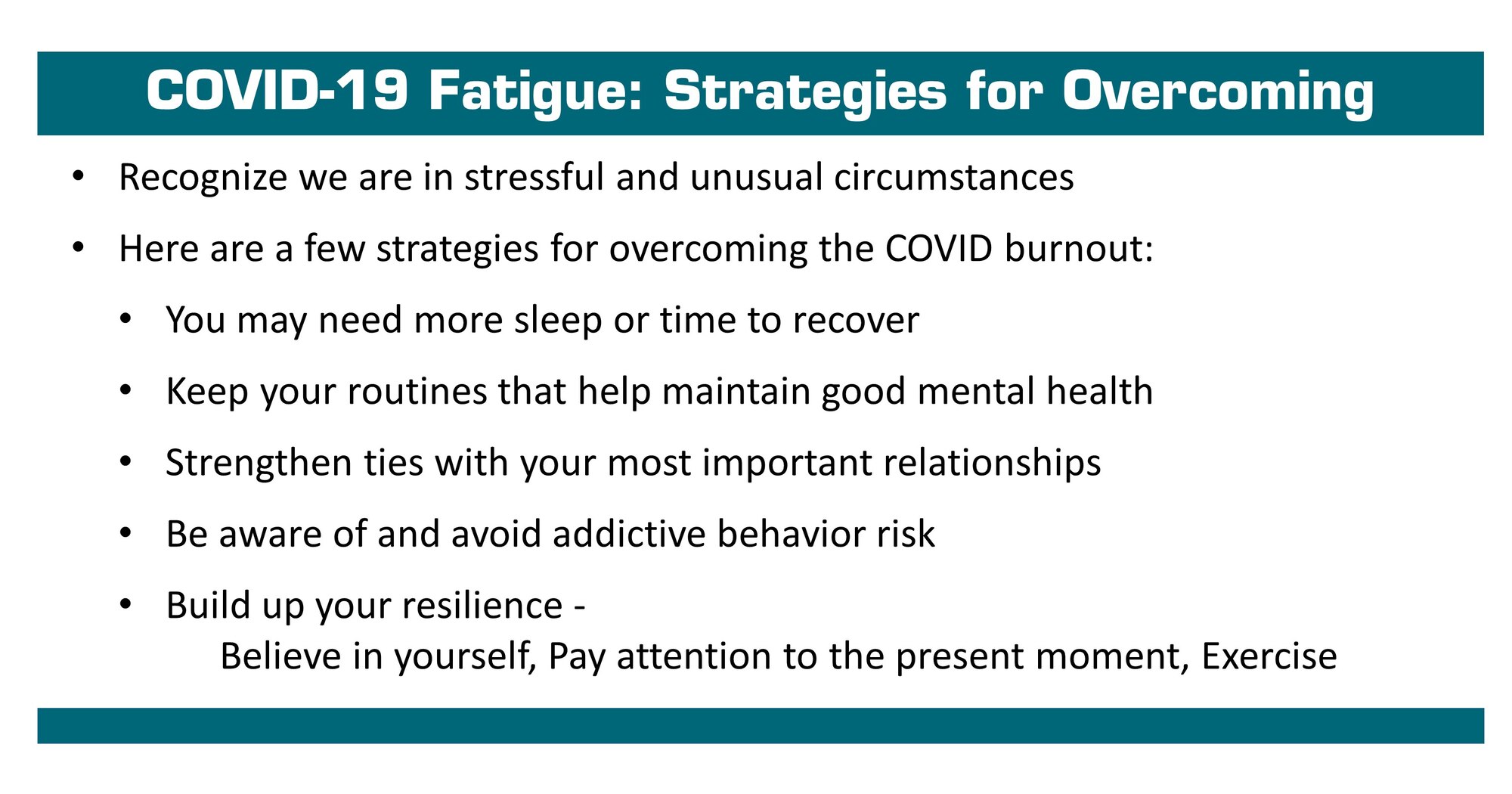 Strategies for overcoming COVID fatigue and recognizing the burn out.
