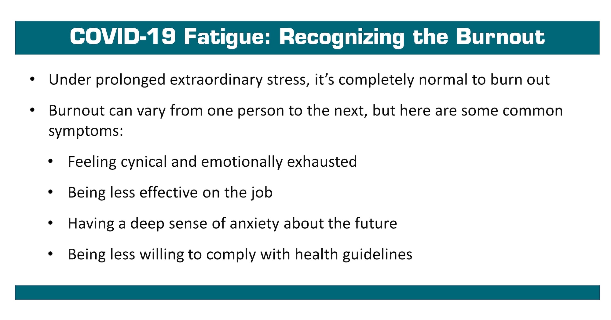 Strategies for overcoming COVID fatigue and recognizing the burn out.