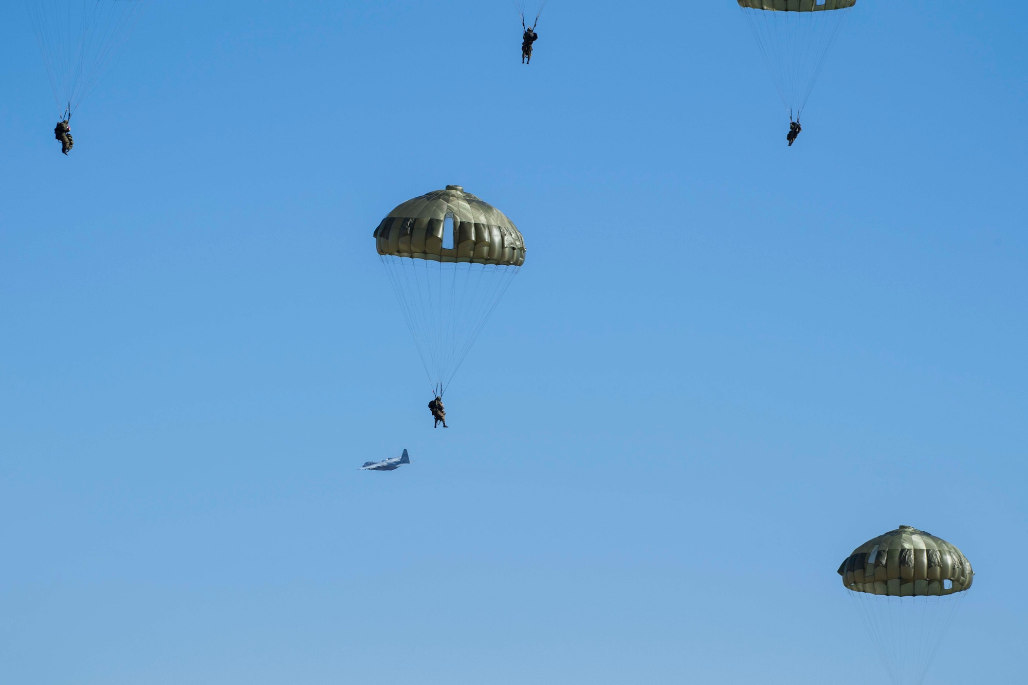 Japanese airborne troopers deploy parachutes and float in the sky