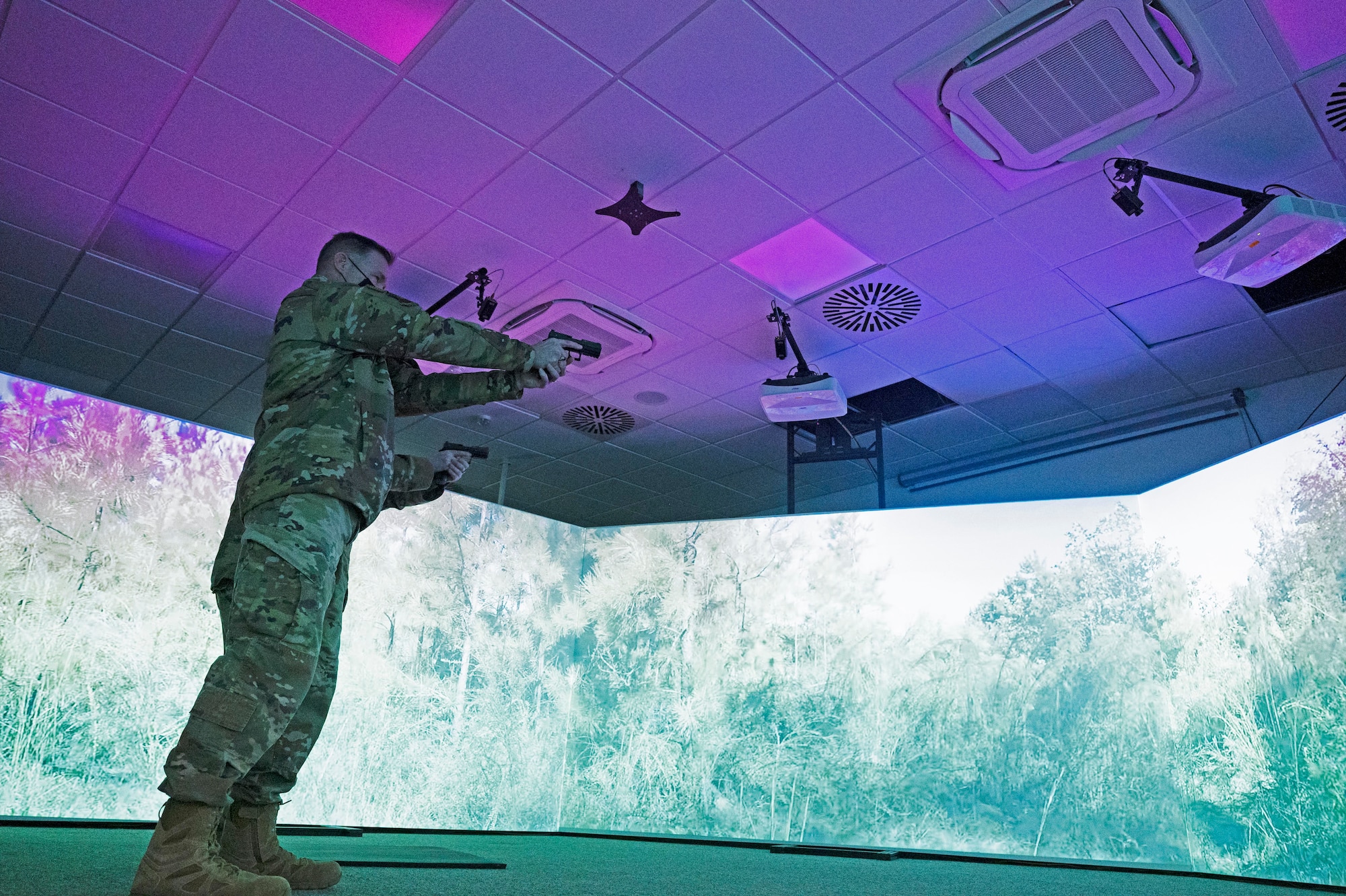 U.S. Air Force Col. Hall Sebren Jr., 72nd Air Base Wing Commander, Tinker Air Force Base, Oklahoma, participates in a training simulator at Ramstein Air Base, Germany, Jan. 12, 2022. Sebren is an inspector on the Commander-in-Chief’s Installation Excellence Award inspection team and inspected the 86th Security Forces Squadron’s innovations and solutions to help train and equip their Airmen with state-of-the-art technologies and equipment to defend the base. (U.S. Air Force photo by Senior Airman Thomas Karol)