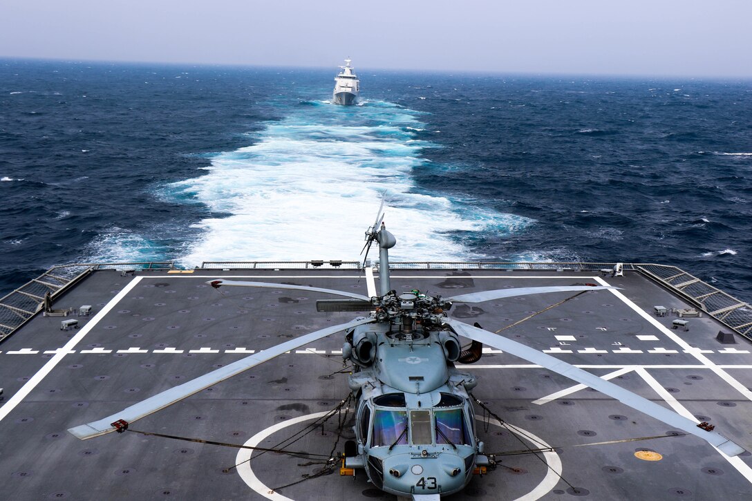 The Independence-variant littoral combat ship USS Jackson (LCS 6) exercises with the Royal Brunei Navy Darussalam-class offshore patrol vessel KDB Daruttaqwa (DTQ 09) in the South China Sea. Jackson, part of Destroyer Squadron (DESRON) 7, is on a rotational deployment in the U.S. 7th Fleet area of operation to enhance interoperability with partners and serve as a ready-response force in support of a free and open Indo-Pacific region.