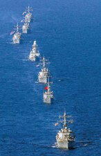 USS Gravely (DDG 107), USS Ross (DDG 71), USS Roosevelt (DDG 80), USS Cole (DDG 67) and USS Jason Dunham (DDG 109) conduct maneuvering operations in the Mediterranean Sea.