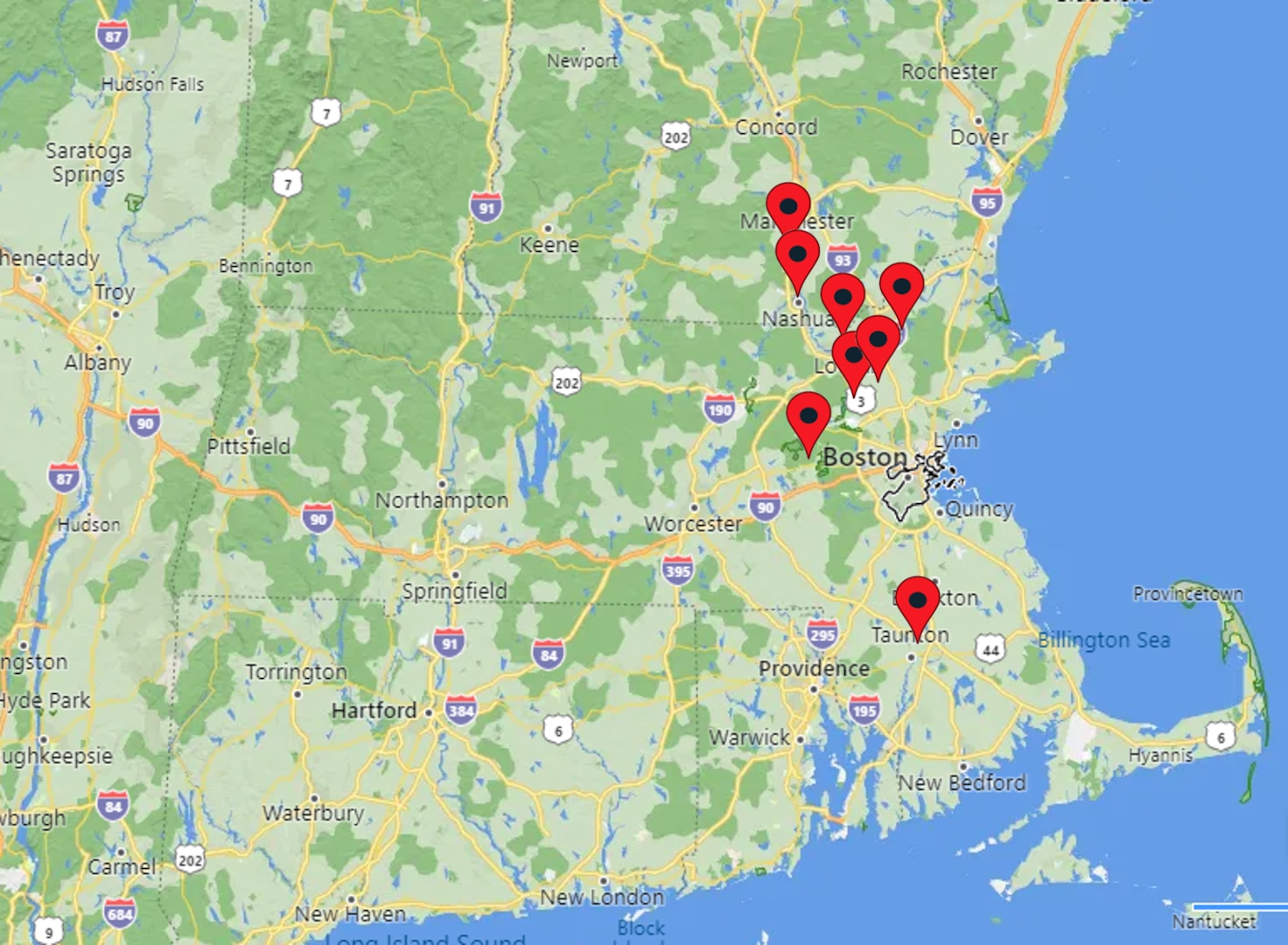 map of boston area with DCAA offices marked