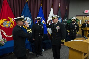 220114-N-SI161-075 DAHLGREN, Va. (Jan. 14, 2022) Capt. John D. Stoner, Jr. is relieved by Capt. George A. Kessler, Jr. as commodore, Surface Combat Systems Training Command (SCSTC), in a Change of Command ceremony aboard Naval Support Facility Dahlgren, Virginia, Jan. 14. Vice Adm. Roy Kitchener, commander, Naval Surface Forces, serves as the presiding officer and guest speaker for the event. (U.S. Navy photo by Michael Bova)