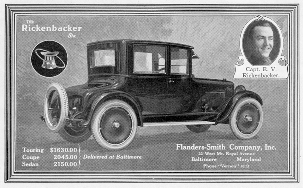 An advertisement shows a picture and trim prices for the Rickenbacker car.