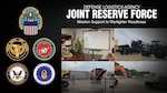 Graphic with text, photo collage and emblems of the military services..