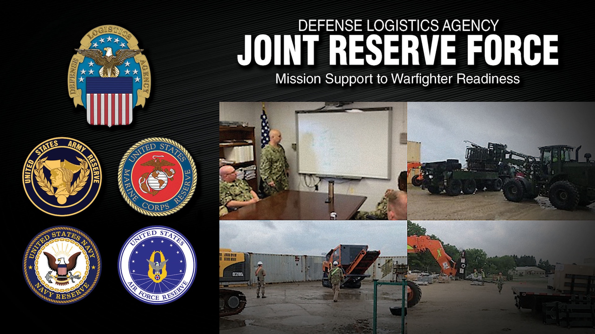 Graphic with text, photo collage and emblems of the military services..