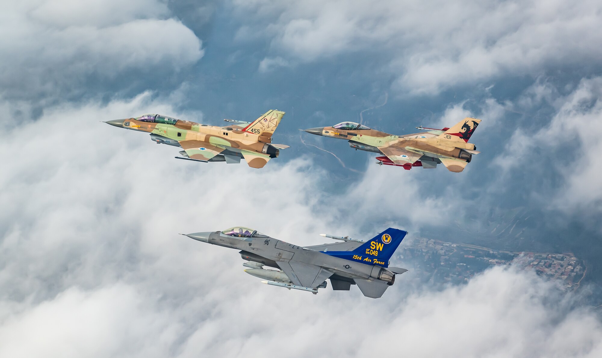 The U.S. Air Force 55th Expeditionary Fighter Squadron flies alongside the Israeli Air Force during Desert Falcon in Israel, Jan. 16, 2022. Desert Falcon is a joint international exercise in which the Israeli and U.S. aircrews flew wing-to-wing and trained for various aerial scenarios and strikes.