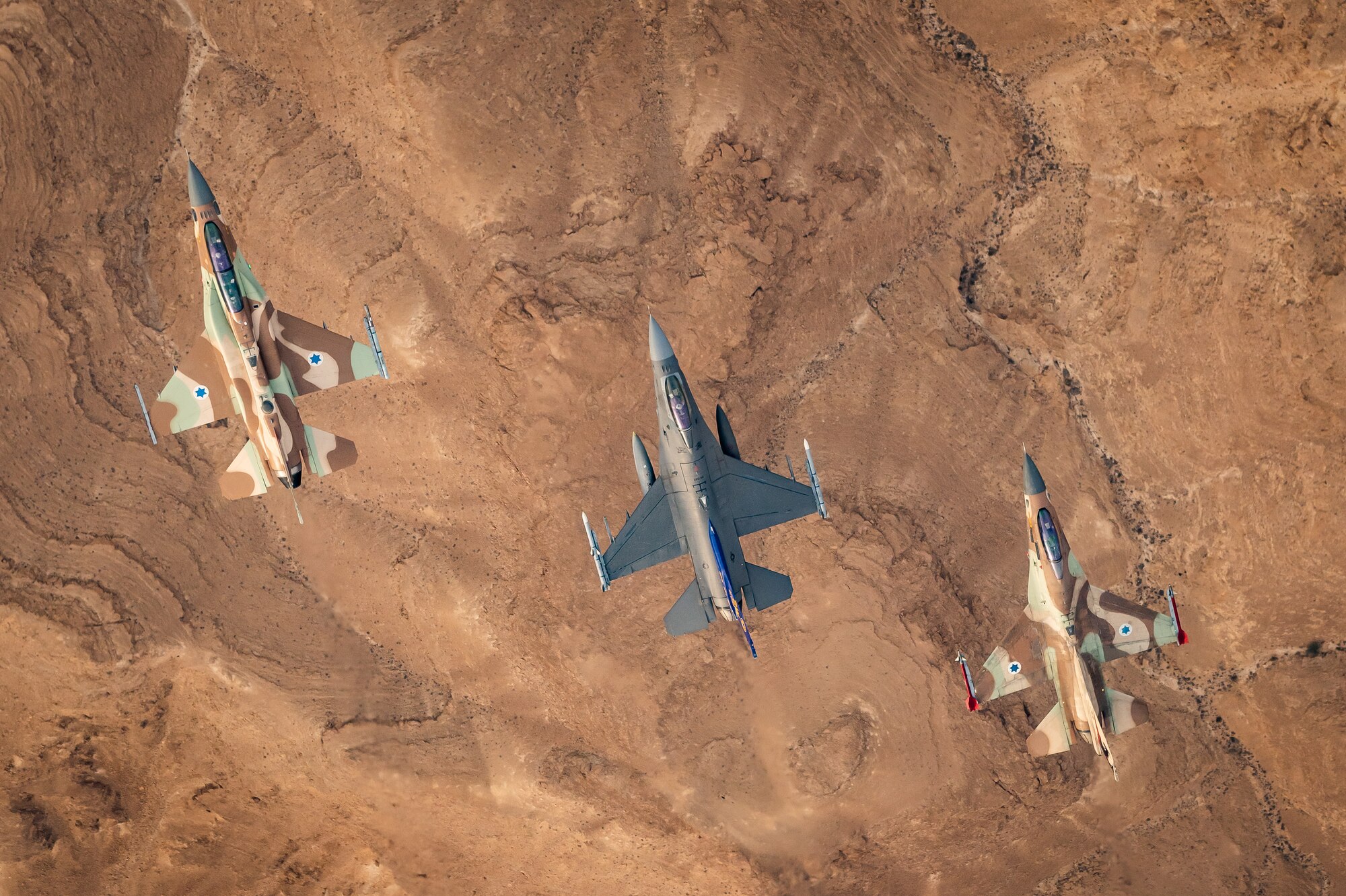 The U.S. Air Force 55th Expeditionary Fighter Squadron flies alongside the Israeli Air Force during Desert Falcon in Israel, Jan. 16, 2022. Desert Falcon is a joint international exercise in which the Israeli and U.S. aircrews flew wing-to-wing and trained for various aerial scenarios and strikes.