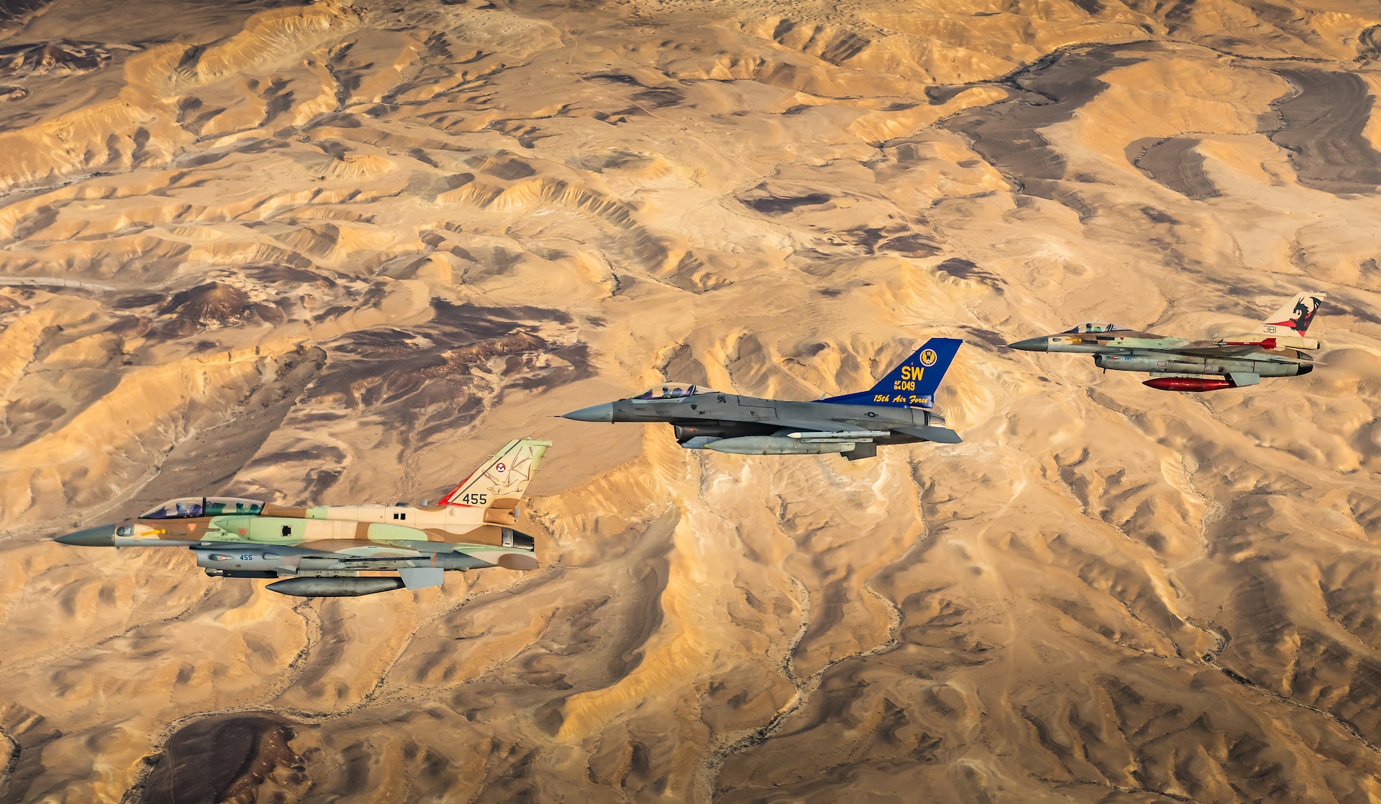 The U.S. Air Force 55th Expeditionary Fighter Squadron flies alongside the Israeli Air Force during Desert Falcon in Israel, Jan. 16, 2022. Desert Falcon is a joint international exercise in which the Israeli and U.S. aircrews flew wing-to-wing and trained for various aerial scenarios and strikes.