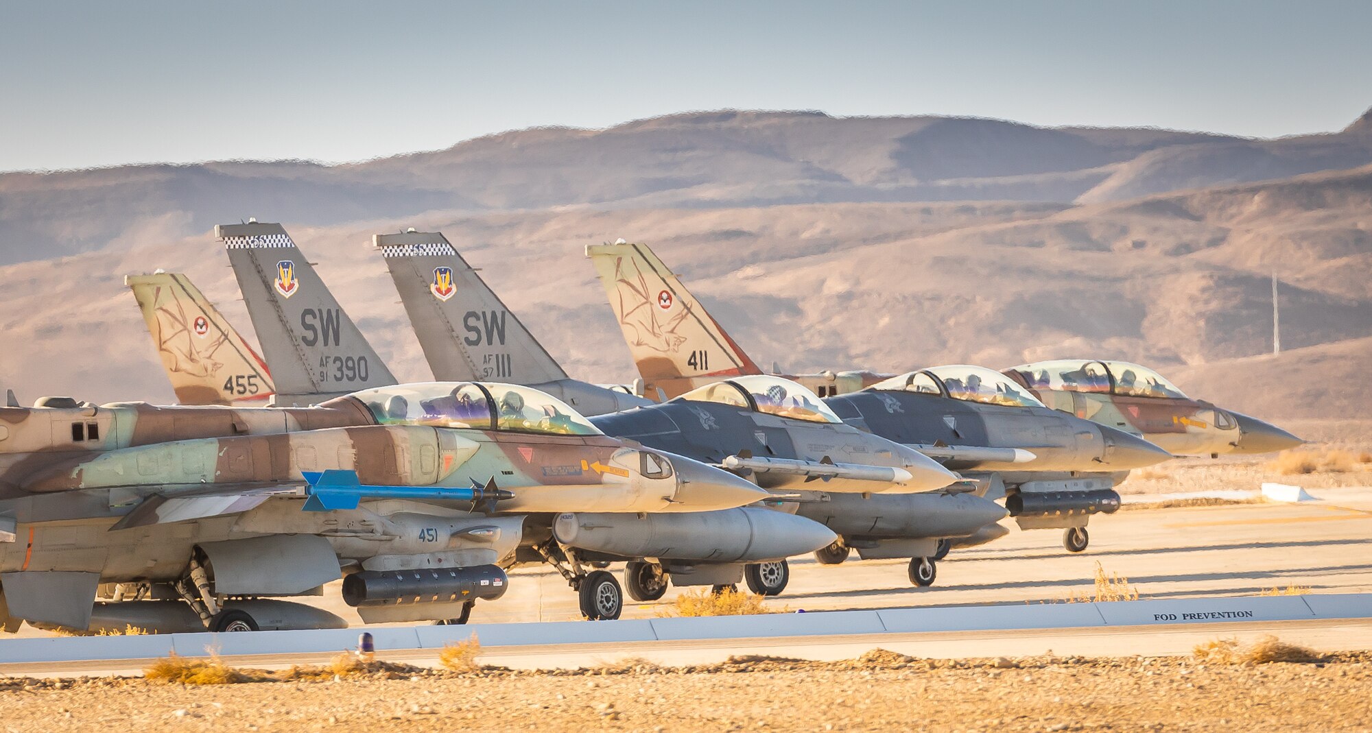 U.S. Air Force pilots from the 55th Expeditionary Fighter Squadron taxi alongside the Israeli Air Force during Desert Falcon in Israel, Jan. 16, 2022. During Desert Falcon, Israeli and U.S aircrews flew wing-to-wing and trained for various aerial scenarios and strikes. (Courtesy photo by the Israeli Air Force)