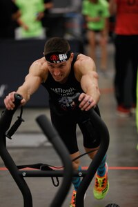 U.S. Army Sgt. Derek Yorek, Arkansas National Guard, pushes a sled during the Spartan DEKA FIT fitness competition in Austin, Texas, Jan. 15, 2022. Soldiers and Airmen competed in 10 events and a run for a spot on the All Guard team.