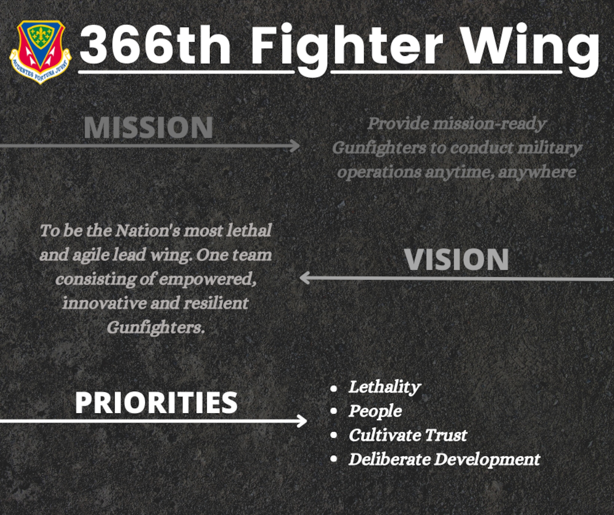 graphic outlining the 366th Fighter Wings mission, vision and priorities