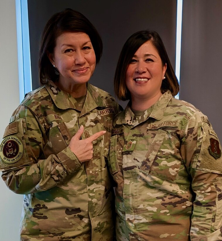 Chief Master Sgt. Kim Groat, the state command chief for the Alaska Air National Guard, poses for a photo with Chief Master Sgt. of the Air Force JoAnne S. Bass. (Courtesy photo)