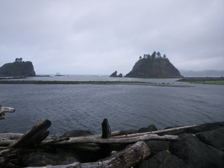 Photo looking seaward of the Quillayute River sea dike that shows the breach in the dike.