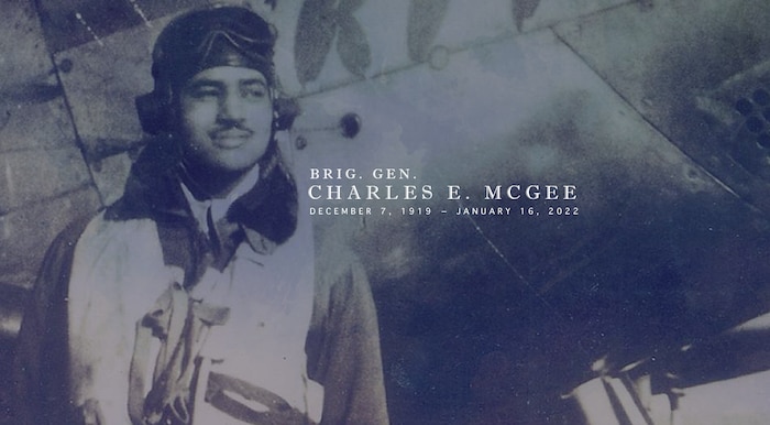Brig. Gen. Charles E. McGee, a Tuskegee Airman and Air Force legend, passed away at his residence in Bethesda, Md., Jan. 16, 2022. He was 102 years old. (U.S. Air Force graphic)